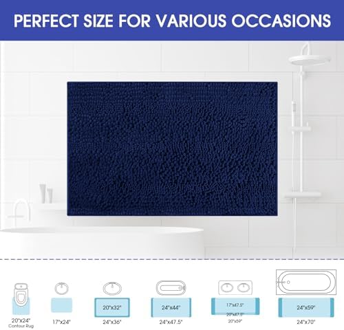 ACCUMTEK Striped Navy Blue Bathroom Rug Mat 48"x17" Ultra Soft, Non Slip Chenille Bath Rugs, Absorbent Plush Shaggy Bath Mats for Bathroom, Bedroom, Kitchen, Shower, Tub