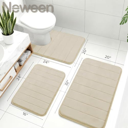 Neween Bathroom Rugs Set 3 Piece, Absorbent Memory Foam Bath Mat, Beige