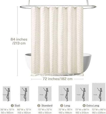 Siiluminisoy Extra Long Boho Shower Curtain Woven Fabric 84 in Cream Shower Curtain, 72 x 84, Tufted Chevron Striped Modern Chic Textured Minimalist Bathroom Shower Curtains