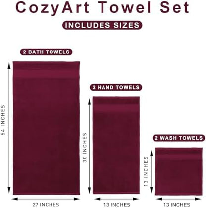 COZYART Bath Towel Set 6 PCS, Burgundy Luxury 100% Turkish Cotton 650GSM