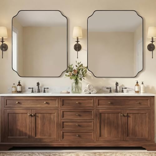 ANDY STAR 30x36 Inch Bathroom Mirror, Matte Black Vanity Mirror, Modern Scalloped Mirror in Premium Stainless Steel Metal Thin Frame, Unique Rounded Notched Corners, Hangs Vertically or Horizontally