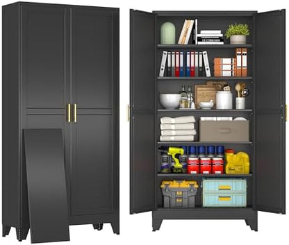 75" Black Tall Metal Storage Cabinet with 2 Doors and 5 Adjustable Shelves,Steel Garage Tool Cabinet, File Cabinet,Kitchen Pantry Cabinet for Home,Office,Garage,School,Warehouse