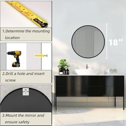 Round Black Mirror 18 Inch, Matte Black Frame, Small Circle Mirror