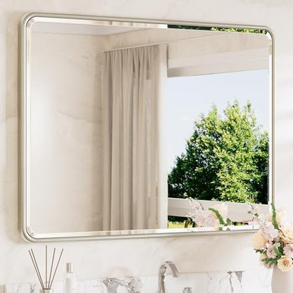 TETOTE Brushed Nickel Mirrors for Wall 40 x 30 Beveled Edge Tempered Glass, Rounded Corner Rectangle Framed Mirror for Modern Bathroom, Living Room, Bedroom, Entryway