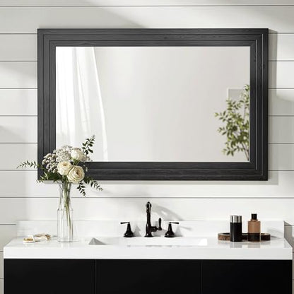 Farmhouse Rustic Wood Framed Bathroom Vanity Mirror for Wall, 26x38, Black