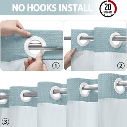 No Hook Shower Curtain with Liner Set Hotel Waffle Curtain Cyan 72W X 75L