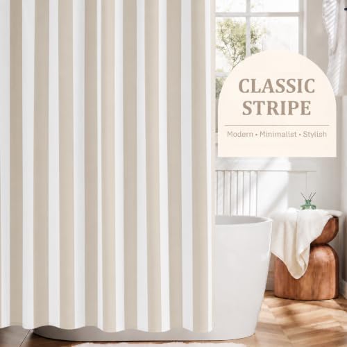 Ohocut Vertical Striped Shower Curtain, Cute Retro Vintage Stripe Bow Bathroom Shower Curtain, Waterproof Polyester Fabric Modern Bath Curtain for Bathroom 72x72 Inches Beige