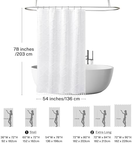 Extra Long Boho White Woven Fabric Shower Curtain with Tassels 54 x 78 Modern Farmhouse Minimalist, Tufted Chevron Striped Shabby Chic Textured, Water Resistant Cloth Curtain for Bathroom, Hotel Decor