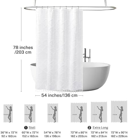 Extra Long Boho White Woven Fabric Shower Curtain with Tassels 54 x 78 Modern Farmhouse Minimalist, Tufted Chevron Striped Shabby Chic Textured, Water Resistant Cloth Curtain for Bathroom, Hotel Decor