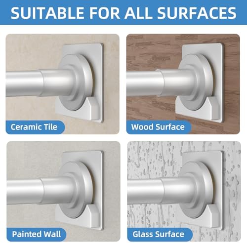 CorkLatta Matte Silver Shower Curtain Rod,1 Inch Diameter Stainless Steel Adjustable Spring Tension Rods 32 to 80",with Holders,Anti-Slip,Curtain Rods No Drilling(1 Pack)