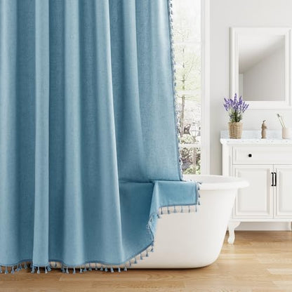 Nanspring Blue Boho Linen Shower Curtain 72 Inch Fabric Textured Elegant Shower Curtain Set with Hooks Simple Aesthetic Bathroom Decor with Hooks Vintage Cottage Bath Curtain for Bathroom 72x72