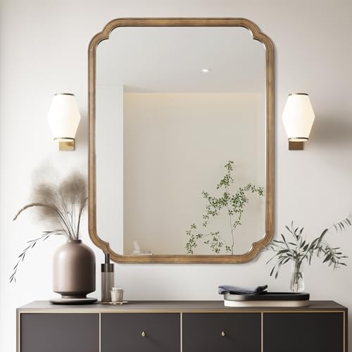 WallBeyond 28" x 40" Rounded Corner Arch Wall Mirror with Wood Frame for Entryway, Living Room or Bedroom Home Decor - Light Woodgrain, Honey-Colored