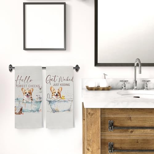 Funny Corgi Hand Towels, Hello Sweet Cheeks Bathroom Decor, Corgi Gifts Decorative Hand Towels for Bathroom Washroom Restroom, Gifts for Corgi Lovers, 16x24 Inch Set of 2