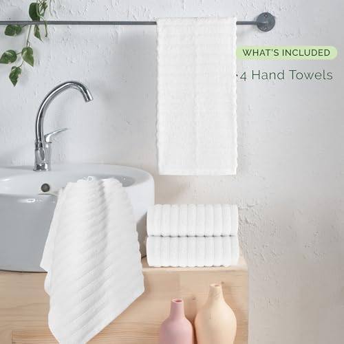 Elegant Comfort Luxury 100% Turkish Cotton Corduroy Ribbed 4 Pack Hand Towel Set 16 x 28 Inch - Absorbent, Super Soft, Quick Dry, Premium Towels for Bathroom, Gym, Spa and Hotel Use, White