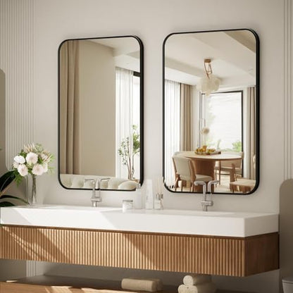 BEAUTYPEAK 24" x 36" Rectangular Aluminum Alloy Frame Wall Mounted Bathroom Mirror with Rounded Corners, Black