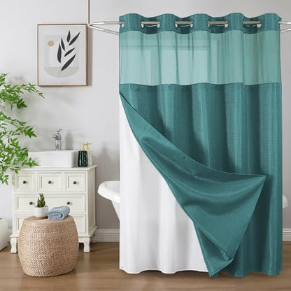 Colorful Star Seaweed Green No Hook Waffle Shower Curtain Set, 72"W x 75"L