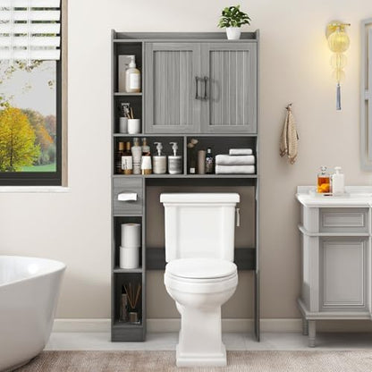 Vabches Farmhouse Over The Toilet Storage Cabinet with Barn Door, Wash Grey