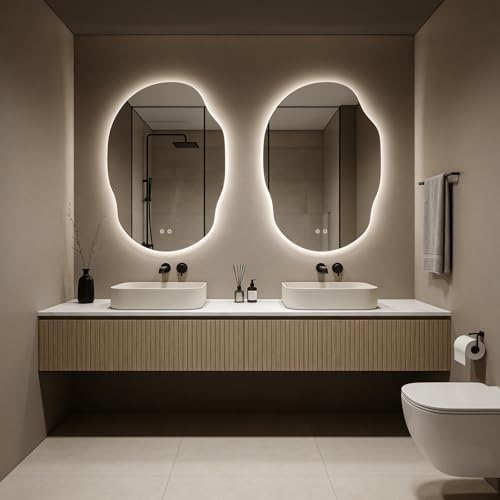 WallBeyond Backlit LED Bathroom Vanity Mirror with Lights, Irregular Asymmetrical Design,45" H x 32" W, Anti-Fog, Dimmable 3 Color Lighting, Memory, Hardwired Mount, Supports Horizontal & Vertical