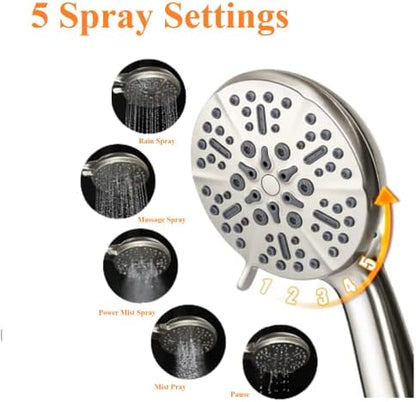 High Pressure Shower Head with Handheld - 5 Spray Settings High Flow Detachable Rain Shower Heads with 60” Extra-long Stainless Steel Hose and Adjustable Bracket with Brass Joint – Brushed Nickel