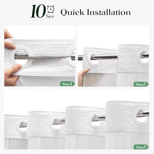Dynamene White Hook Free Waffle Shower Curtain & Snap-in Fabric Liner,72x75