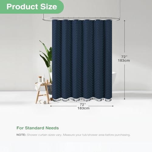 Dynamene Boho Farmhouse Shower Curtain Tufted Chevron 72"x72" Navy Blue