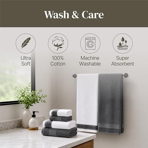 Modern Threads 6 Piece Bath Towel Set – Bathroom Towel Set with 2 Bath Towels, 2 Hand Towels & 2 Washcloths – 100% Cotton, Soft & Absorbent – Jacquard Border (Gray)