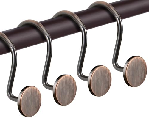 CHICTIE Bronze Shower Curtain Hooks, Oil Rubbed Rustproof Shower Curtain Rings for Bathroom, Metal Decorative Shower Hooks for Shower Curtain Rod, Set of 12 Shower Hangers Round Heavy Duty Design