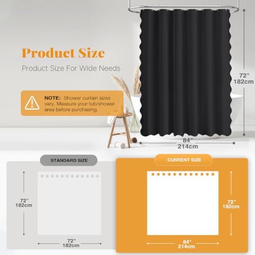BTTN 84x72 Boho Scalloped Linen Textured Cloth Shower Curtain Set, Black