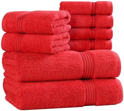 SUPERIOR Egyptian Cotton 8-Piece Towel Set, Assorted Towels for Home Bathroom, Master, Guest Bath, Decor Essentials, Includes 2 Bath, 2 Hand, 4 Face Towels/Washcloths, Quick Dry, Absorbent, Red