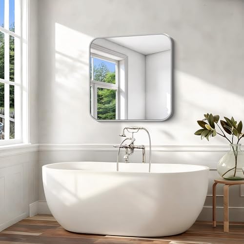 Silver Bathroom Mirror, 36 x 36 Inch Square Mirrors for Wall, Aluminum Metal Framed Vanity Mirror, Rounded Corner Wall Mounted Mirror for Over Sinks Living Room Bedroom Entryway