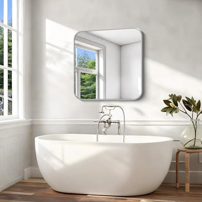 Silver Bathroom Mirror, 36 x 36 Inch Square Mirrors for Wall, Aluminum Metal Framed Vanity Mirror, Rounded Corner Wall Mounted Mirror for Over Sinks Living Room Bedroom Entryway