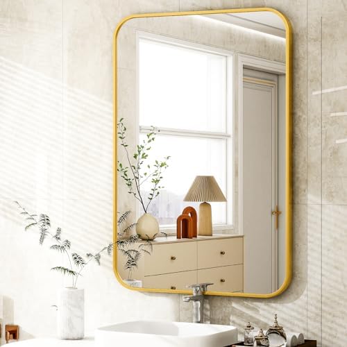 Easly 26 x 38 Inch Bathroom Mirror, Rounded Rectangular Vanity Mirror for Wall, Modern Mirror for Room Decor, Gold Framed Wall-Mounted Mirrors for Home Decor, Hangs Horizontally or Vertically