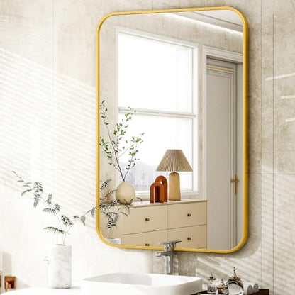 Easly 26 x 38 Inch Bathroom Mirror, Rounded Rectangular Vanity Mirror for Wall, Modern Mirror for Room Decor, Gold Framed Wall-Mounted Mirrors for Home Decor, Hangs Horizontally or Vertically