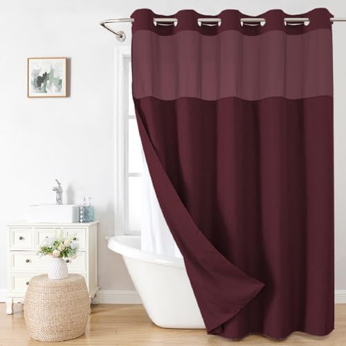 eachope No Hook Fabric Shower Curtain with Snap-in Liner,71x86 Burgundy