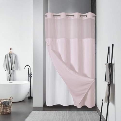 No Hook Waffle Shower Curtain with Snap-in Liner, 54x80 Inch, Blush Pink