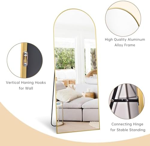 Dewfig Arched Full Length Mirror, 58"X18" Large Full Body Mirror, Gold
