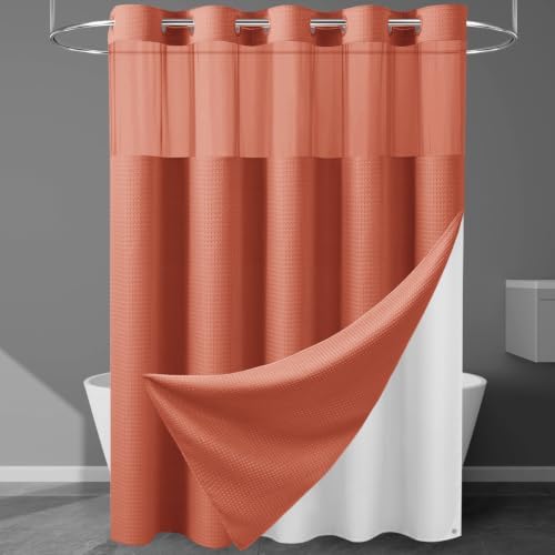 EUTXL Heavyweight Waffle No Hook Shower Curtain with Liner, 71x74, Coral