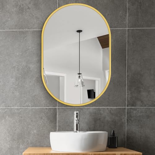 Delma 28x20 Gold Oval Bathroom Mirror for Over Sink, Aluminum Frame