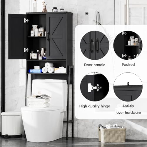 Vabches Over The Toilet Storage Cabinet with 2-Door Design Bathroom Organizers and Storage with Anti-Tip Device Over Toilet Organizer with Shelves for Bathroom,Restroom,Laundry Black