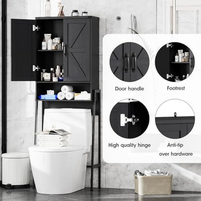 Vabches Over The Toilet Storage Cabinet with 2-Door Design Bathroom Organizers and Storage with Anti-Tip Device Over Toilet Organizer with Shelves for Bathroom,Restroom,Laundry Black
