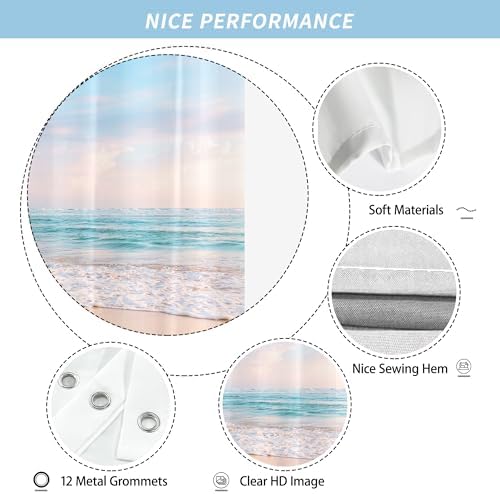 Extra Long Ocean Beach Coastal Seaside Shower Curtain for Bathroom 72W*84H Inch Nautical Summer Seacoast Beachy Waves Seascape Nature Bathtub Decor Waterproof Polyester Fabric Set