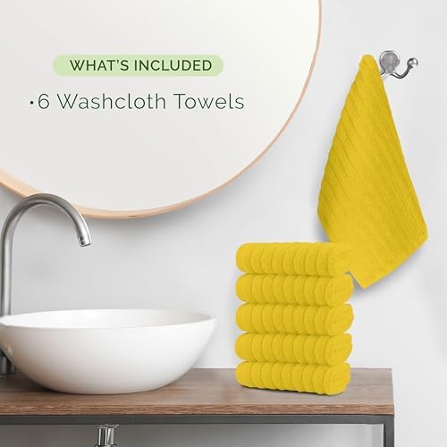 Elegant Comfort 100% Turkish Cotton Corduroy Ribbed Luxury Washcloths 6 Pack Soft 13 x 13 Inch - Higly Absorbent, Durable, Quick Dry, Spa Premium Hotel Quality for Bathroom or Travel, Yellow