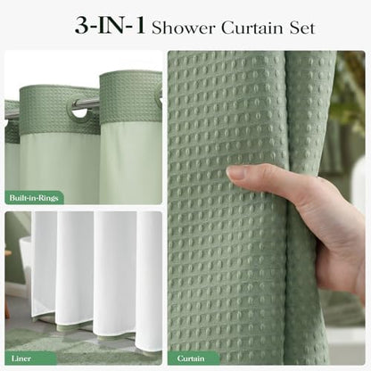 Dynamene Sage Green Hook Free Waffle Shower Curtain & Snap-in Liner,72x81