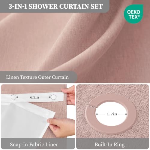BTTN 72x87 Ringless Linen Textured Shower Curtain with Snap in Liner, Blush
