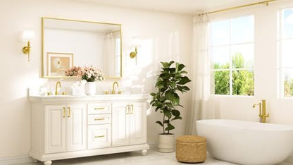 TETOTE Brushed Gold Bathroom Mirror for Over Sink 55" x 36" Large Brass Gold Beveled Framed Rectangular Vanity Mirror for Bathroom, Bedroom, Entryway, Living Room, Tempered Glass, Stronger Frame