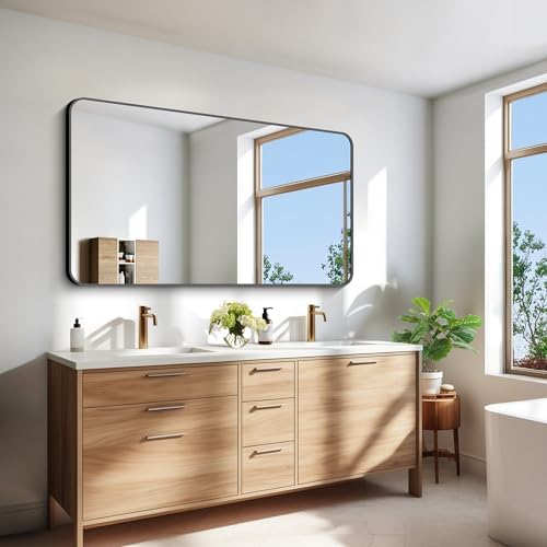 BONEWEI 30x55 inch Bathroom Mirror,Black Rectangle Mirror,Wall Mounted Bathroom Frame Vanity Mirror with Round Corner for Bedroom Living Room, Entryway Hangs Horizontal or Vertical