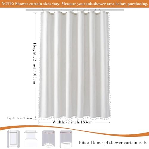 Nanspring Beige White Boho Linen Shower Curtain 72 Inch Long Fancy Hotel Style Textured Fabric Weighted Tassel Shower Curtain Set with Hooks Modern Bohemian Style Bath Decor for Bathroom 72x72