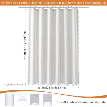 Nanspring Beige White Boho Linen Shower Curtain 72 Inch Long Fancy Hotel Style Textured Fabric Weighted Tassel Shower Curtain Set with Hooks Modern Bohemian Style Bath Decor for Bathroom 72x72