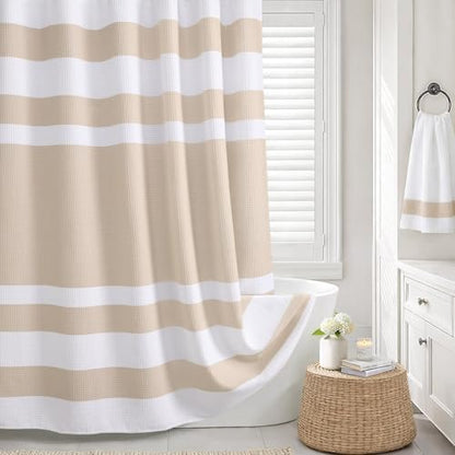 Beige Strip Waffle Weave Shower Curtain Heavyweight Cotton Fabric 72Wx72L