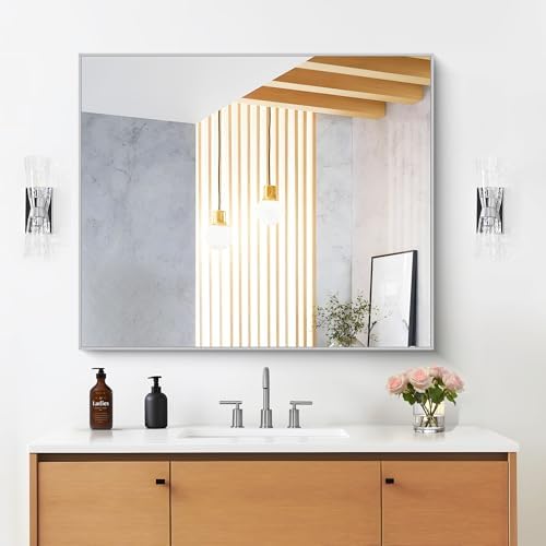 DESBING 30" x 30"Bathroom Mirror, Silver Rectangle Corner Wall Mirror with Metal Frame, Decorative Rectangular Vanity Mirror for Bedroom Bathroom Living Room Entryway (Horizontal/Vertical)